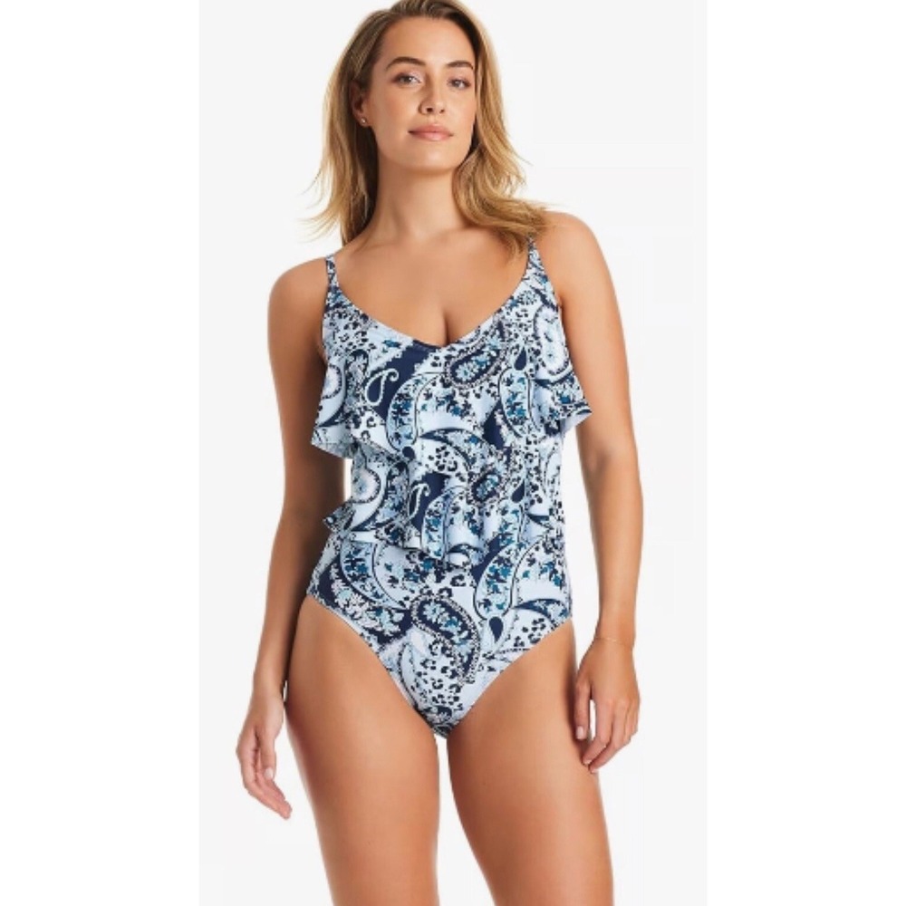 Ellen Tracy Women's One Piece Swimsuit Sz 8 Blue  Ruffled Brand New Value $98‎